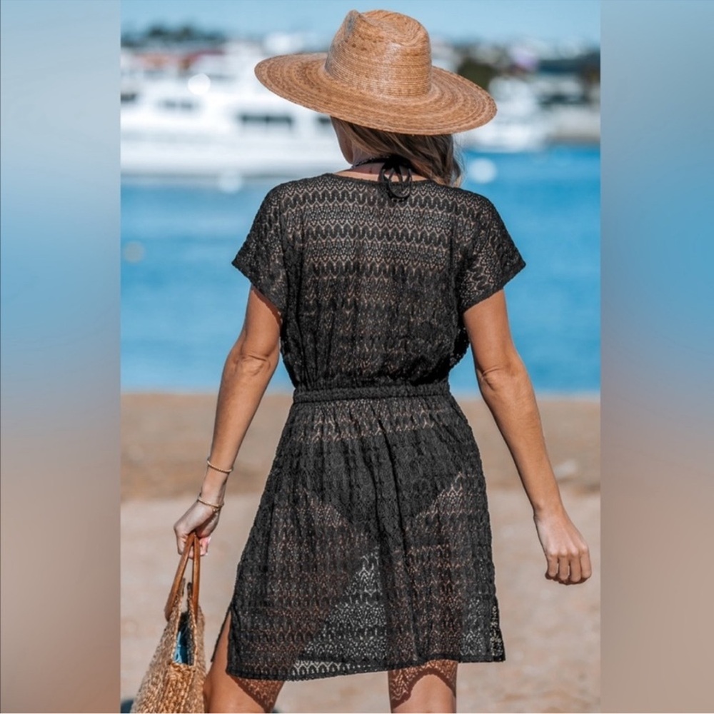 Lace Swim Cover Up Summer Beach Dress With Belt Resortwear Black Size Medium - Picture 14 of 14